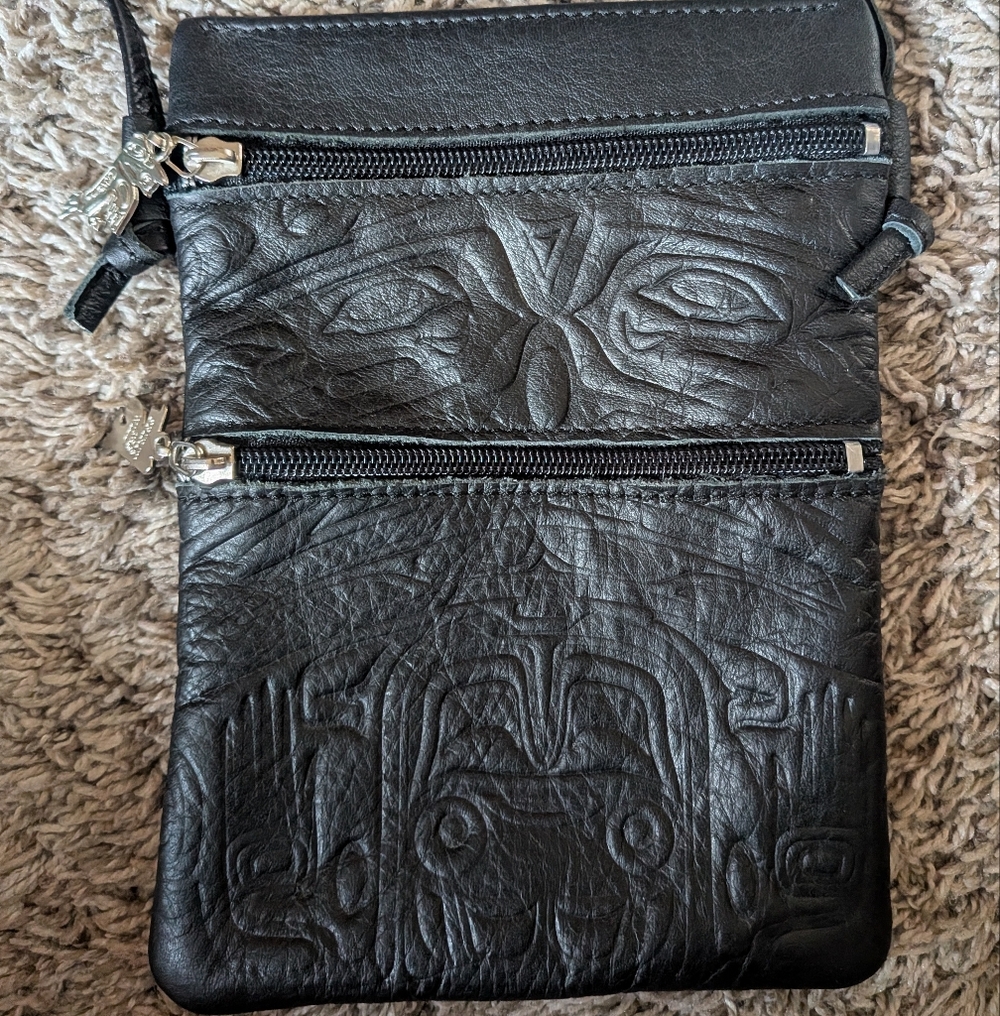 Black Leather Embossed Crossbody Bag - Sleek Everyday Carry